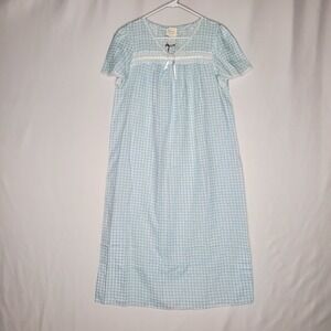 Carriage Court Blue Gingham Floral Lace Nightgown Vintage Short Sleeve Small